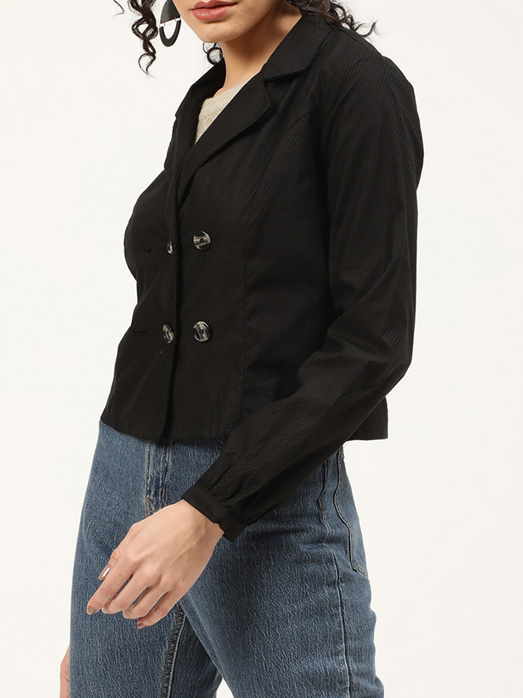 Elle Women Black Solid Collar Top