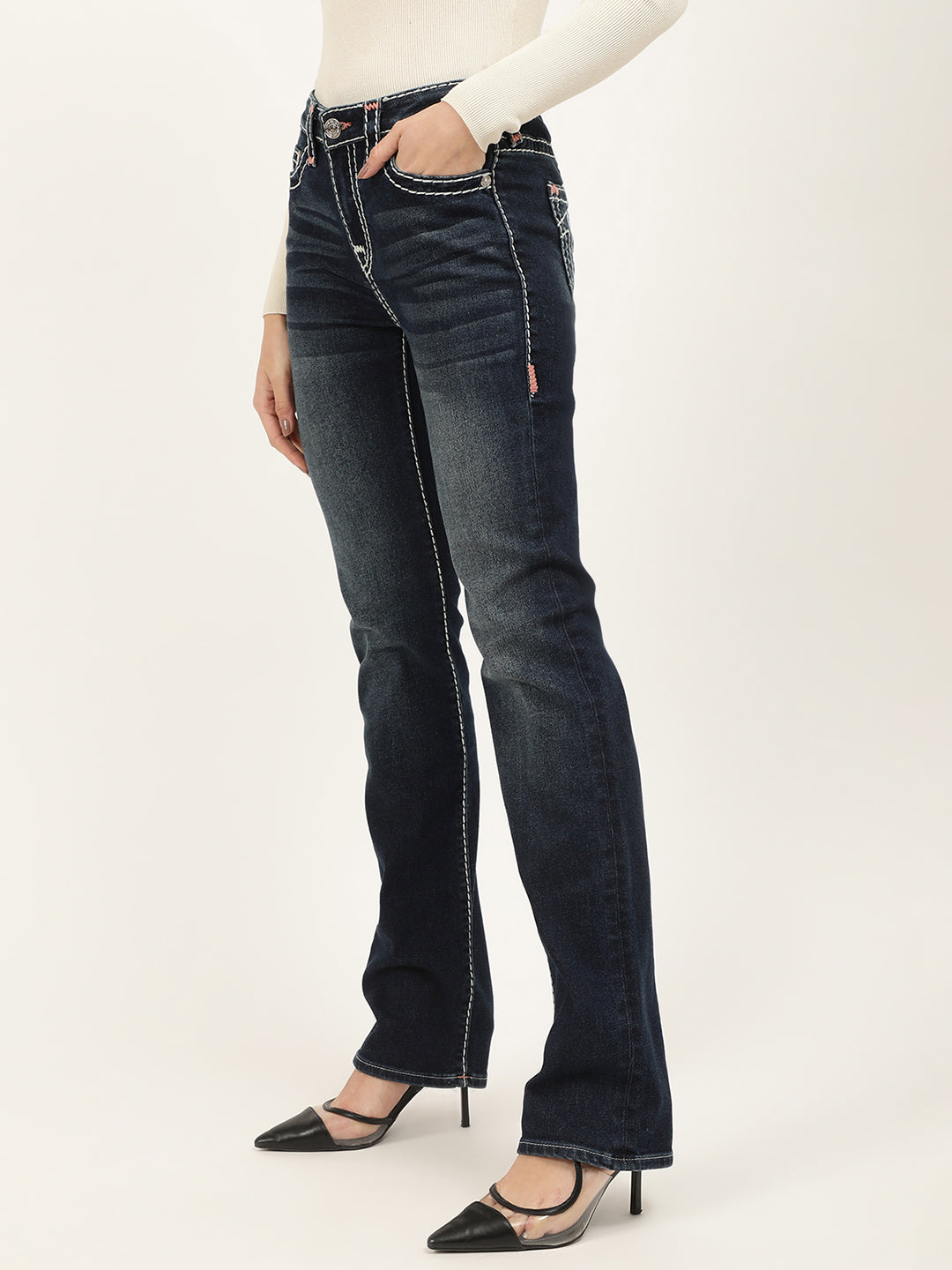 True Religion Women Blue Solid Straight Fit Jeans