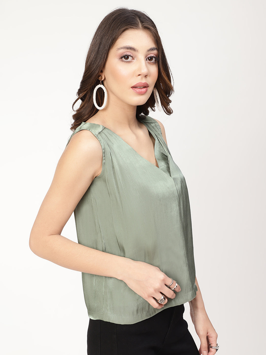 Centre Stage Women Green Solid Square Neck Top