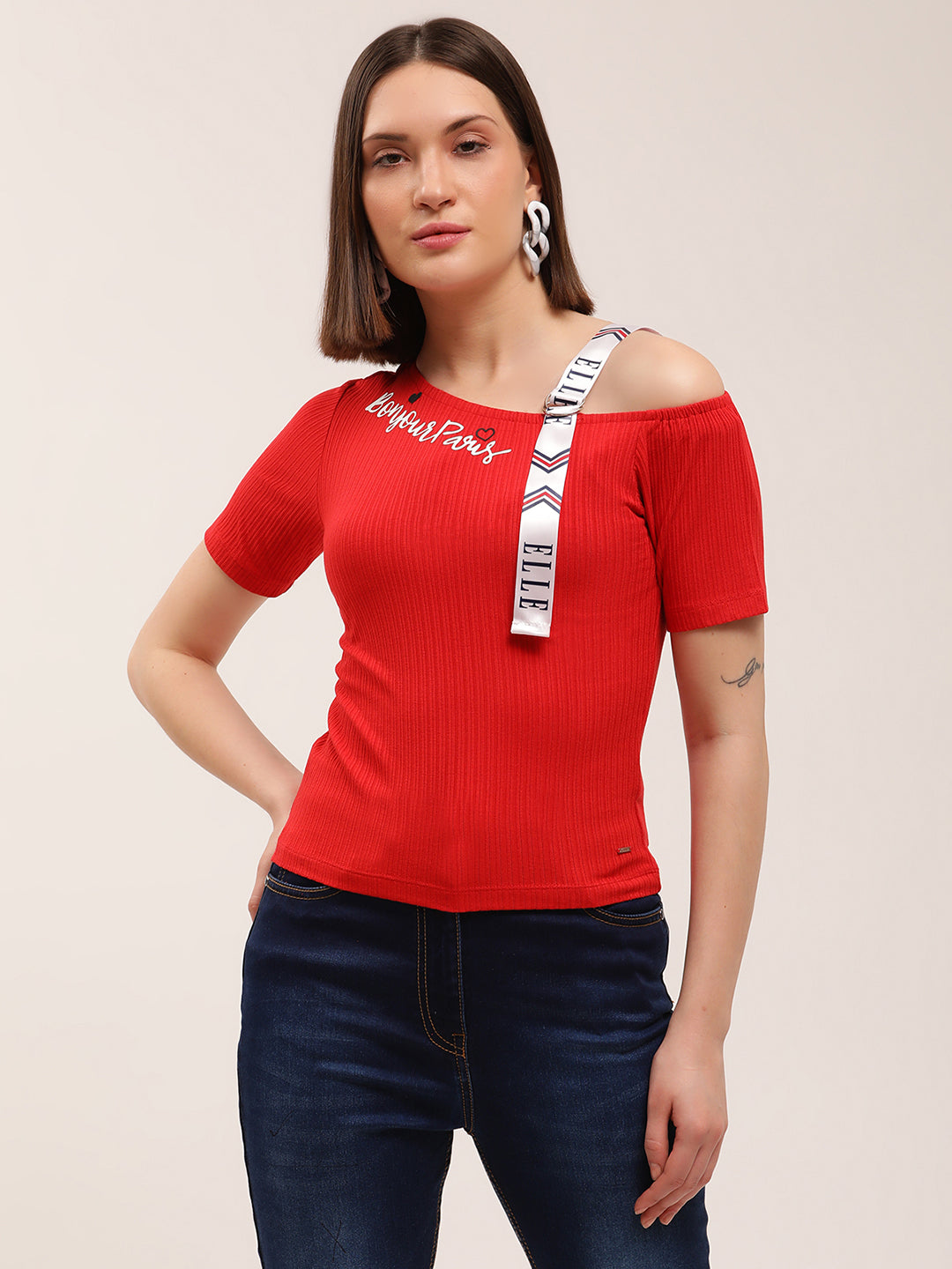 Elle Women Red Solid Assymetrical Neck TShirt