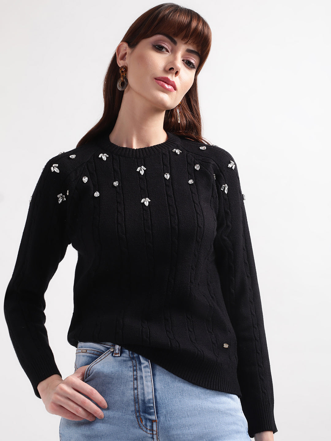 Elle Women Black Solid Round Neck Sweater