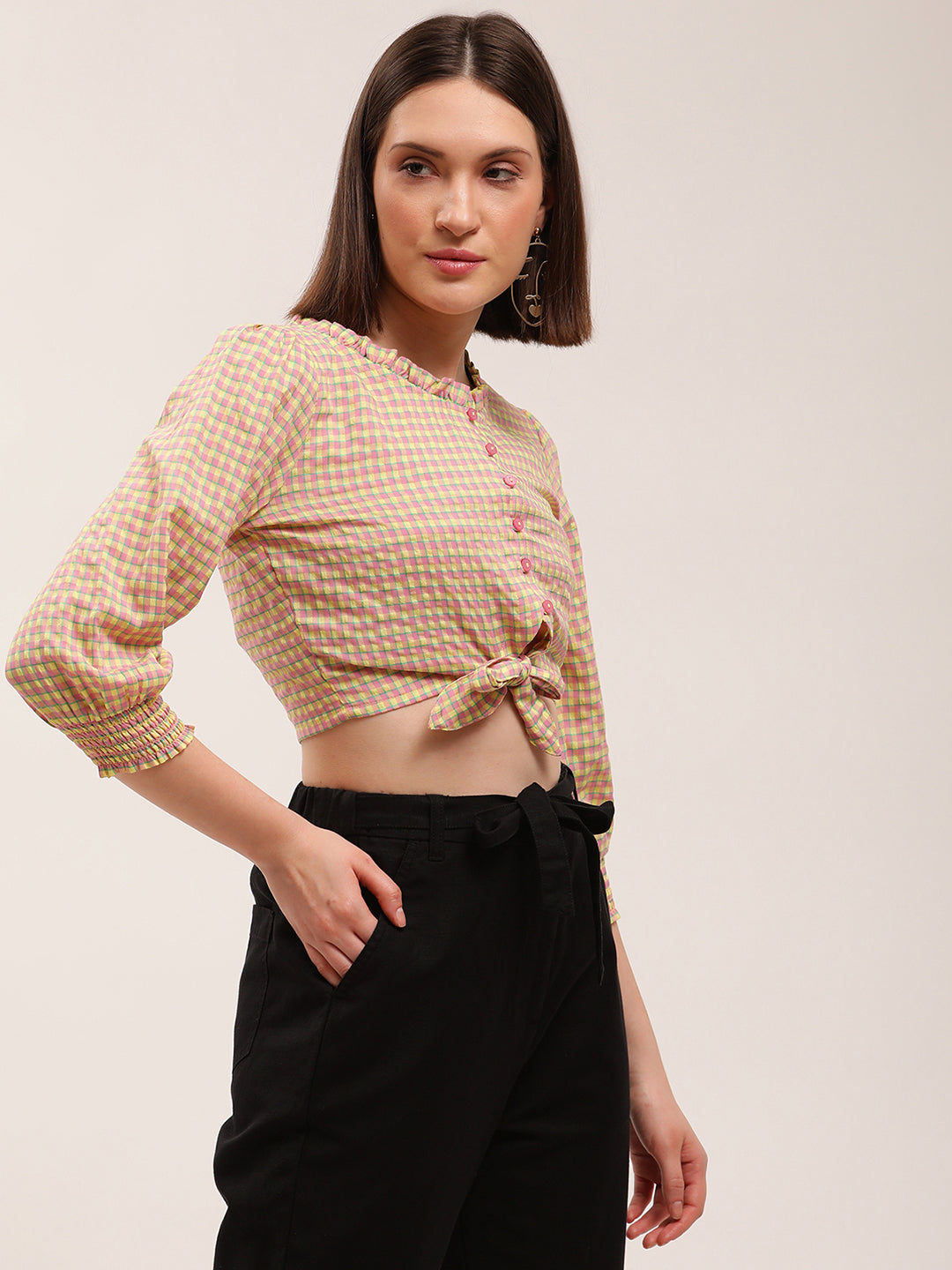 Elle Women Multi Checked Round Neck Top