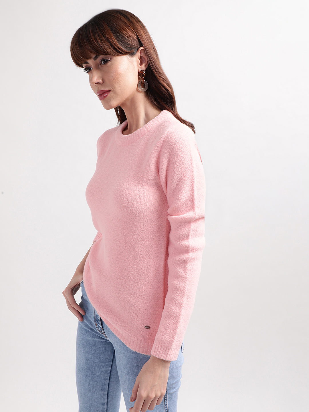 Elle Women Pink Solid Round Neck Sweater