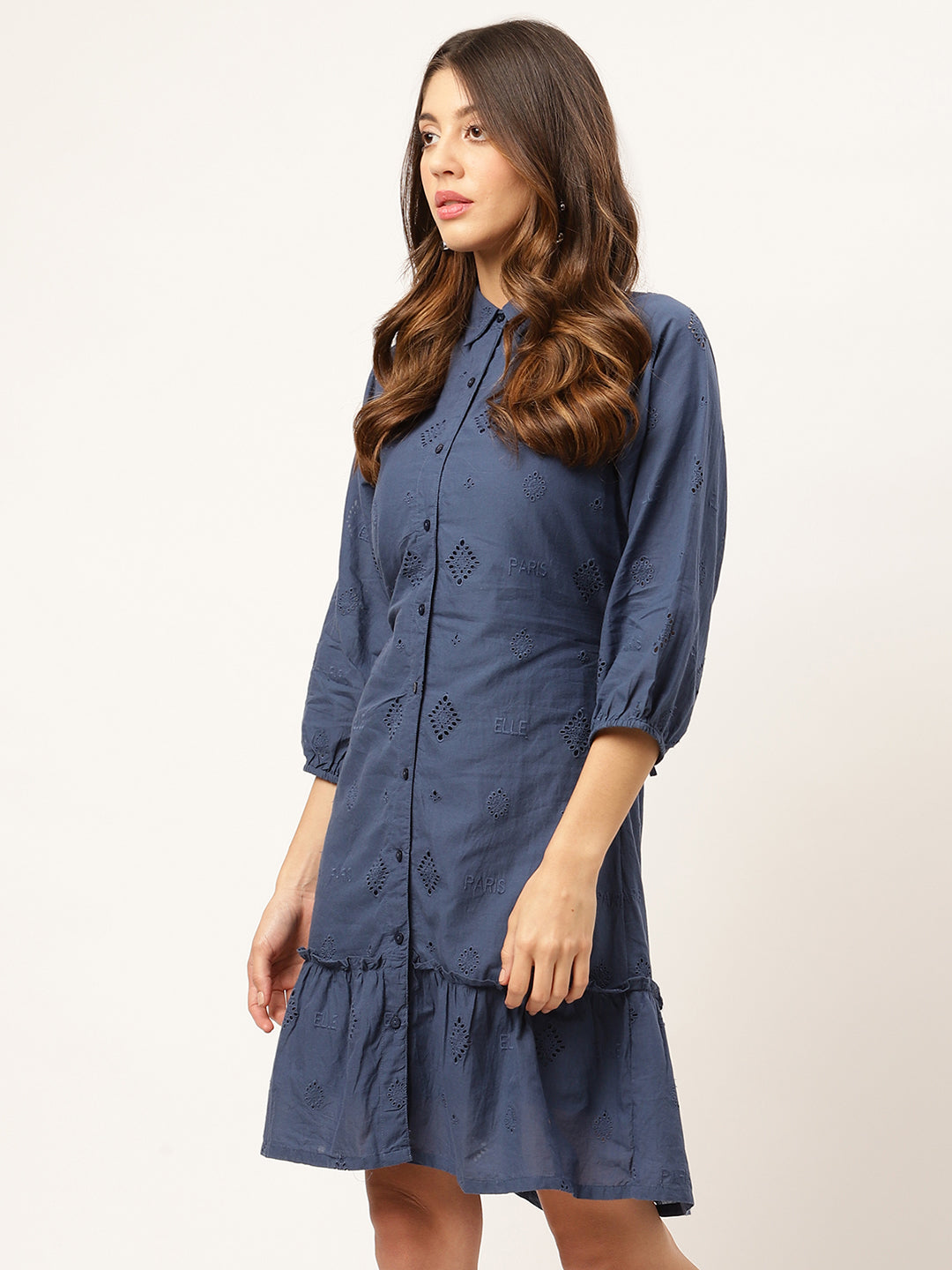 Elle Women Blue Solid Collar Dress