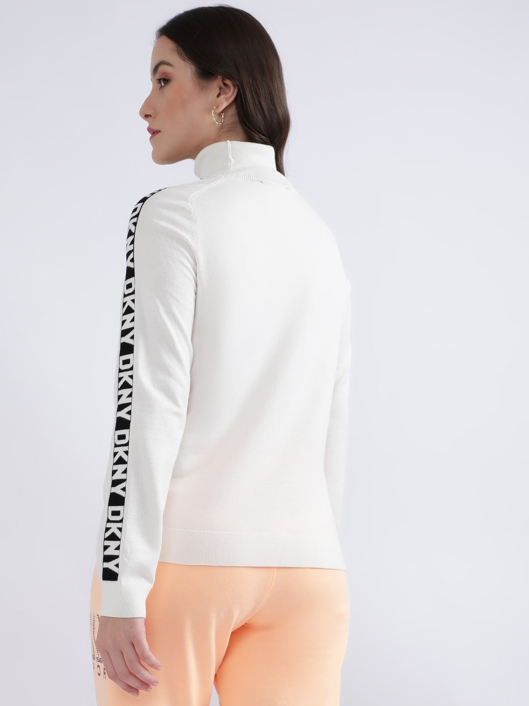 DKNY Women Ivory Printed Turtle Neck Sweater