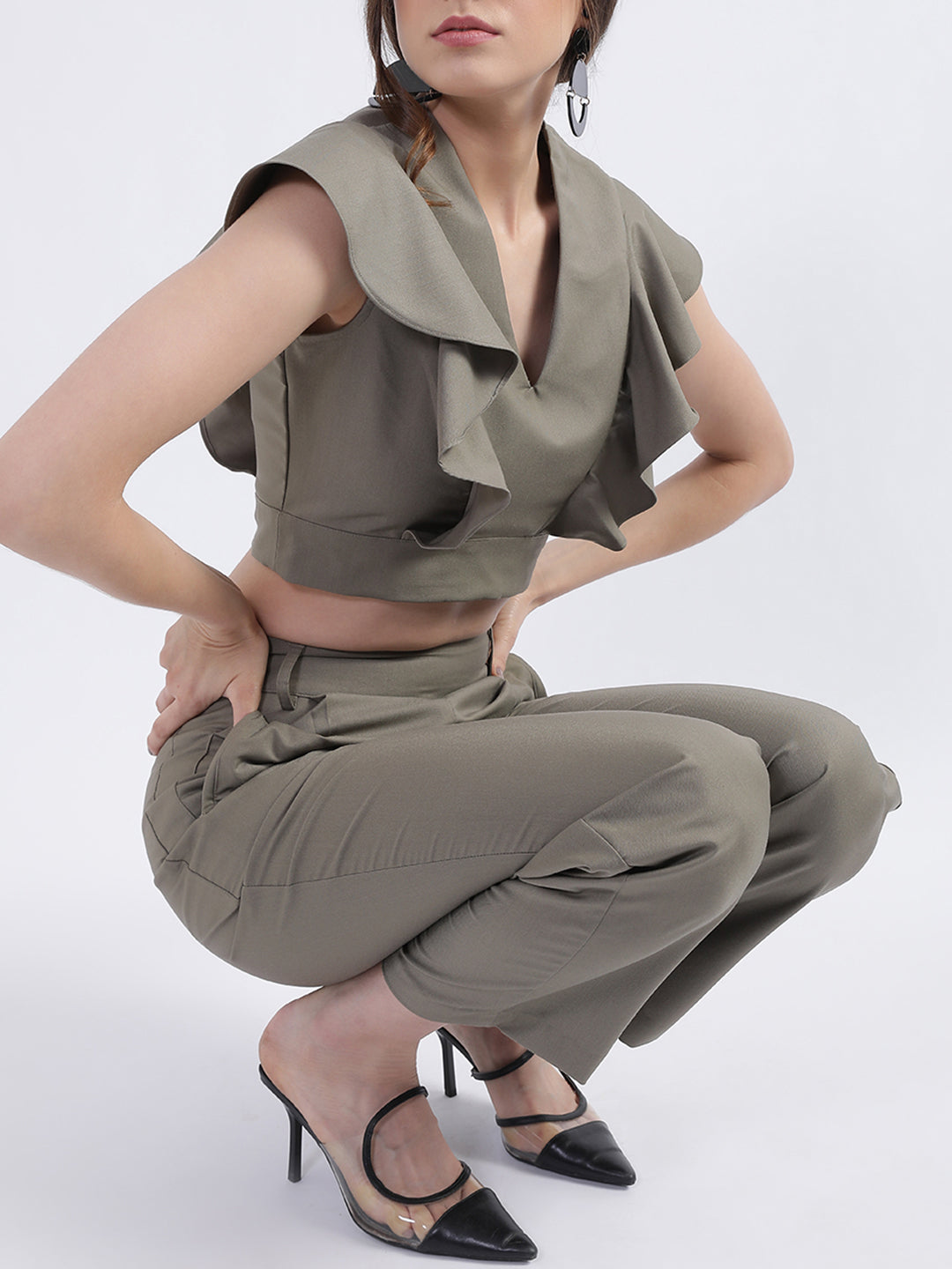 Centre Stage Women Green Solid V Neck Top