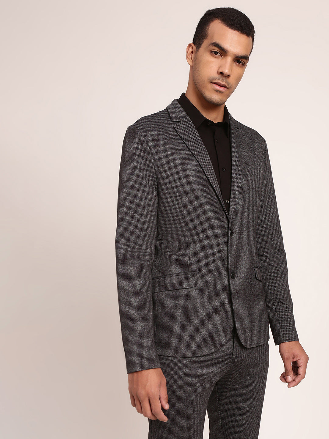 Lindbergh Men Navy Blue Checked Collar Blazer