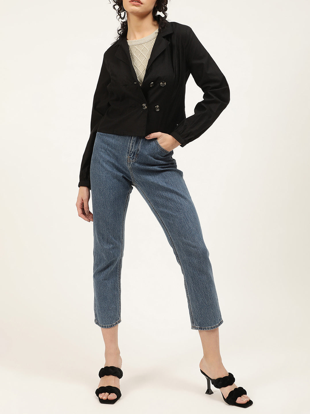 Elle Women Black Solid Collar Top