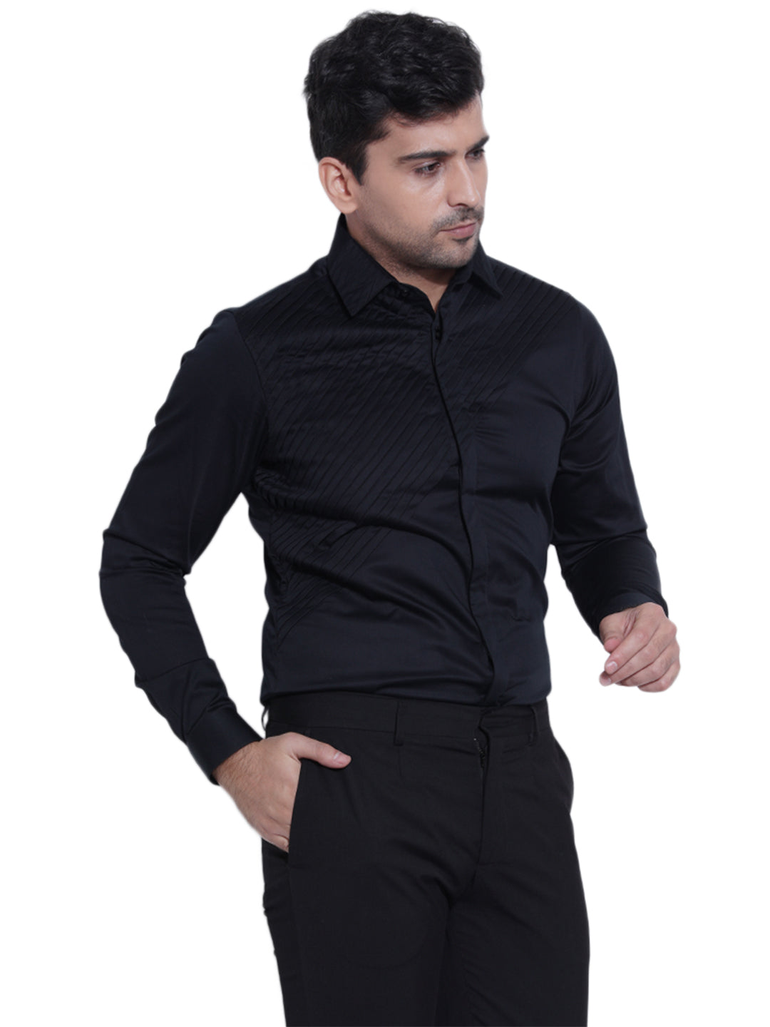 Abkasa Men Black Pleats Collar Shirt