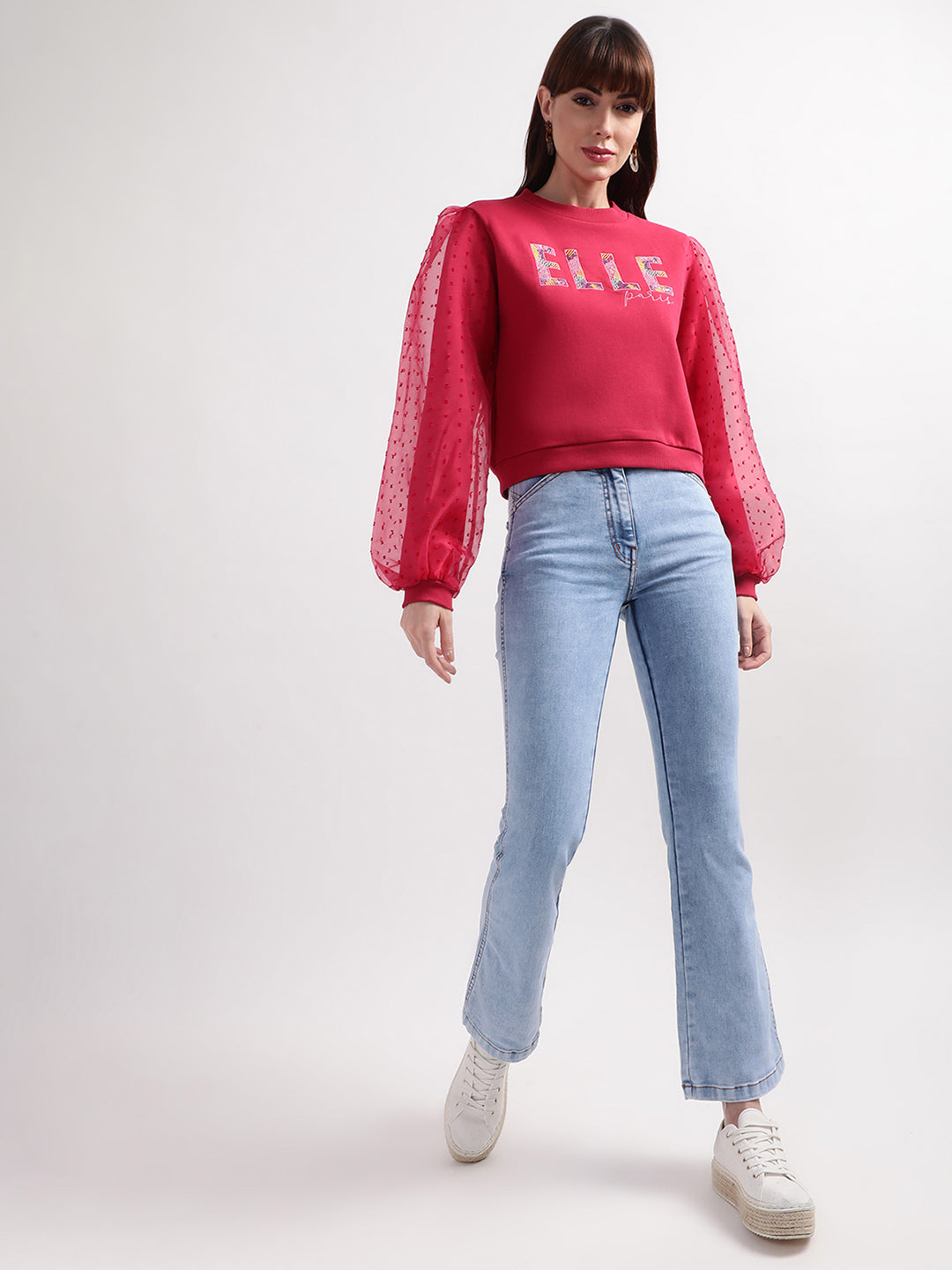 Elle Women Red Solid Round Neck Sweatshirt