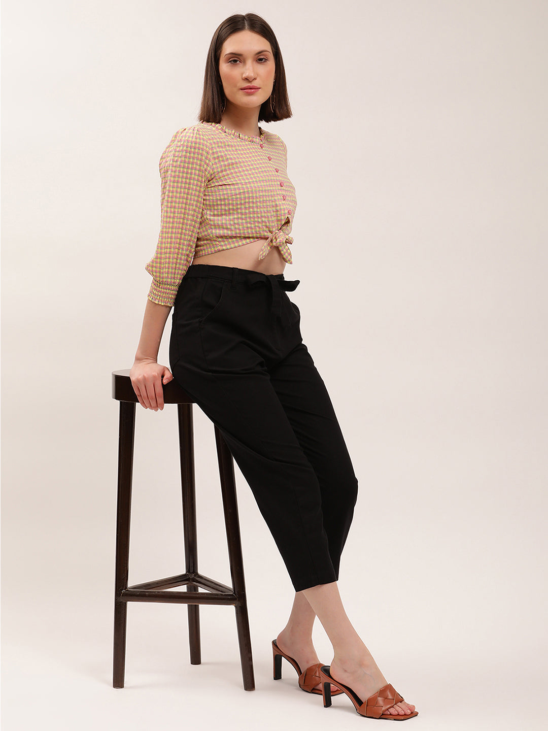 Elle Women Multi Checked Round Neck Top