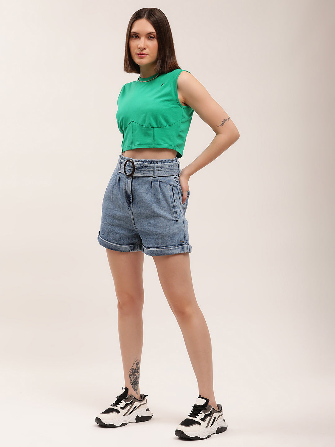 Elle Women Green Solid Round Neck TShirt