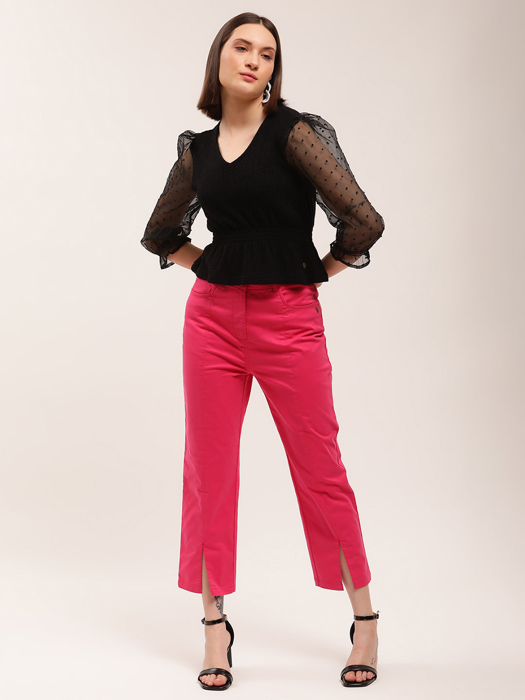 Elle Women Pink Solid Fitted Trouser