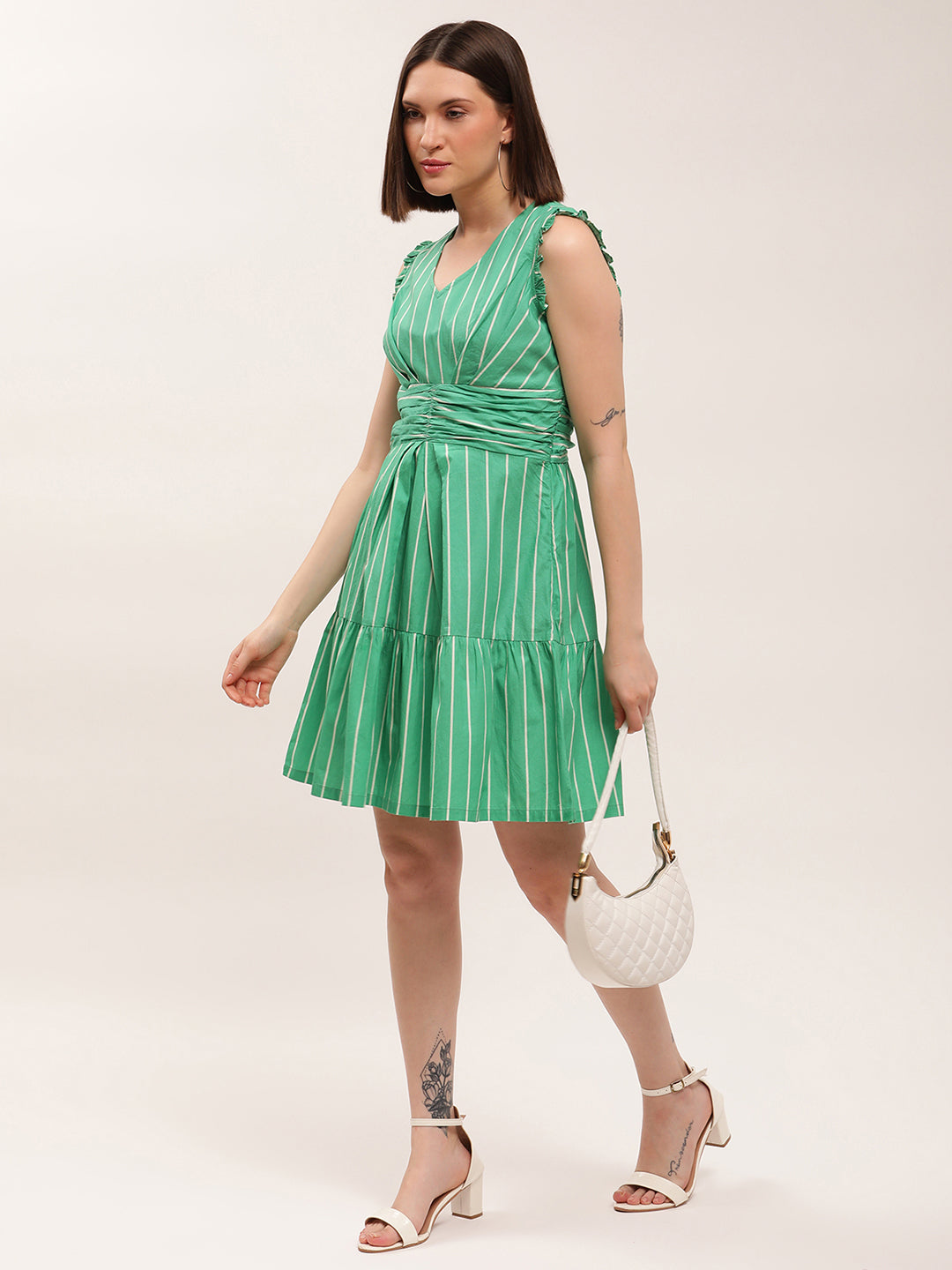 Elle Women Green Striped V Neck Dress
