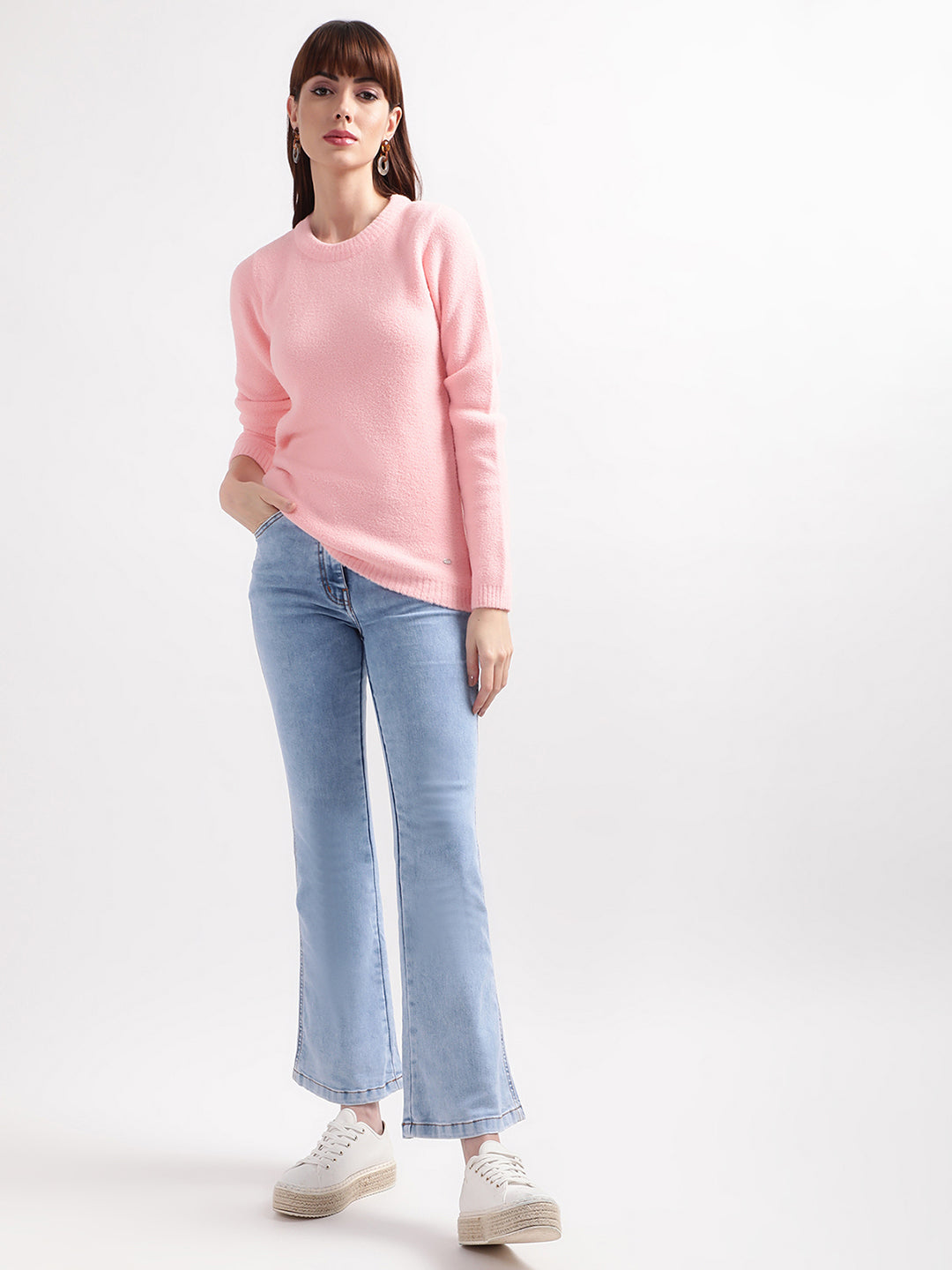 Elle Women Pink Solid Round Neck Sweater