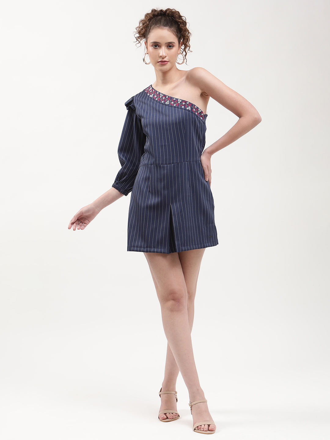 Elle Women Navy Blue Striped Assymetrical Neck Playsuit