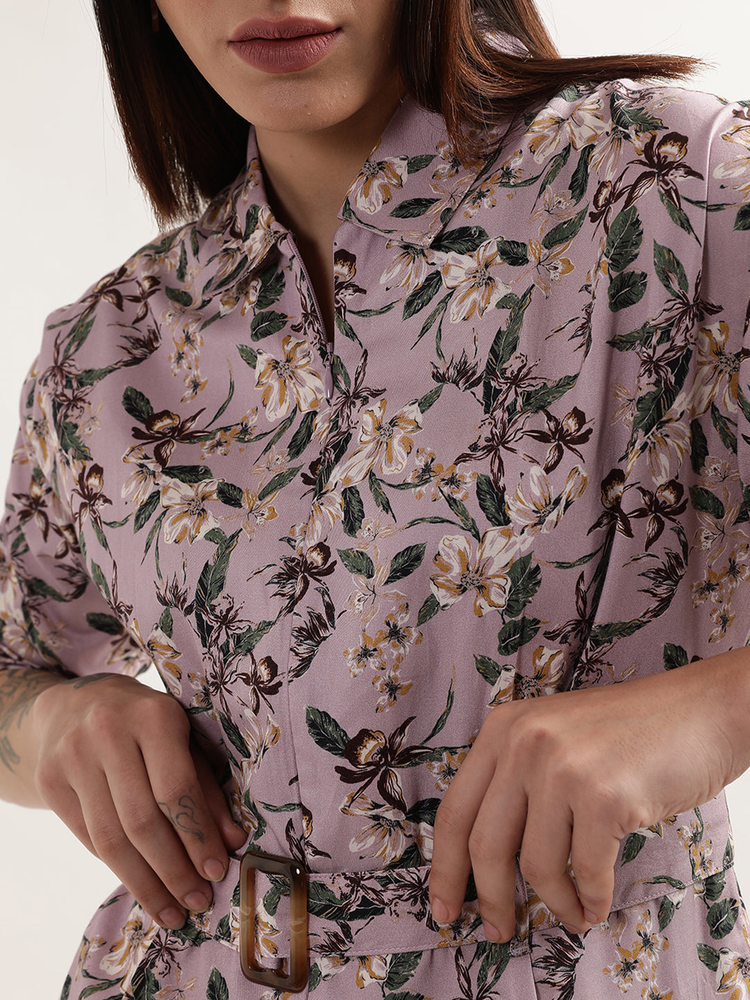 Elle Women Mauve Printed Collar Jumpsuit