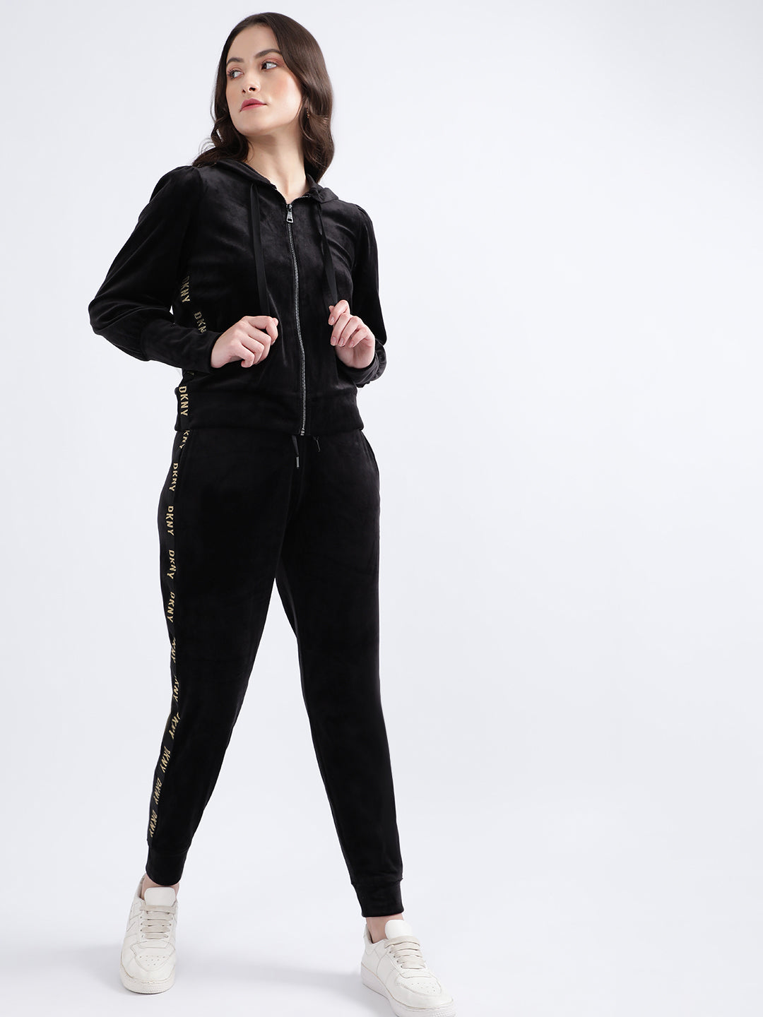 DKNY Women Black Solid Hooded Sweatshirt