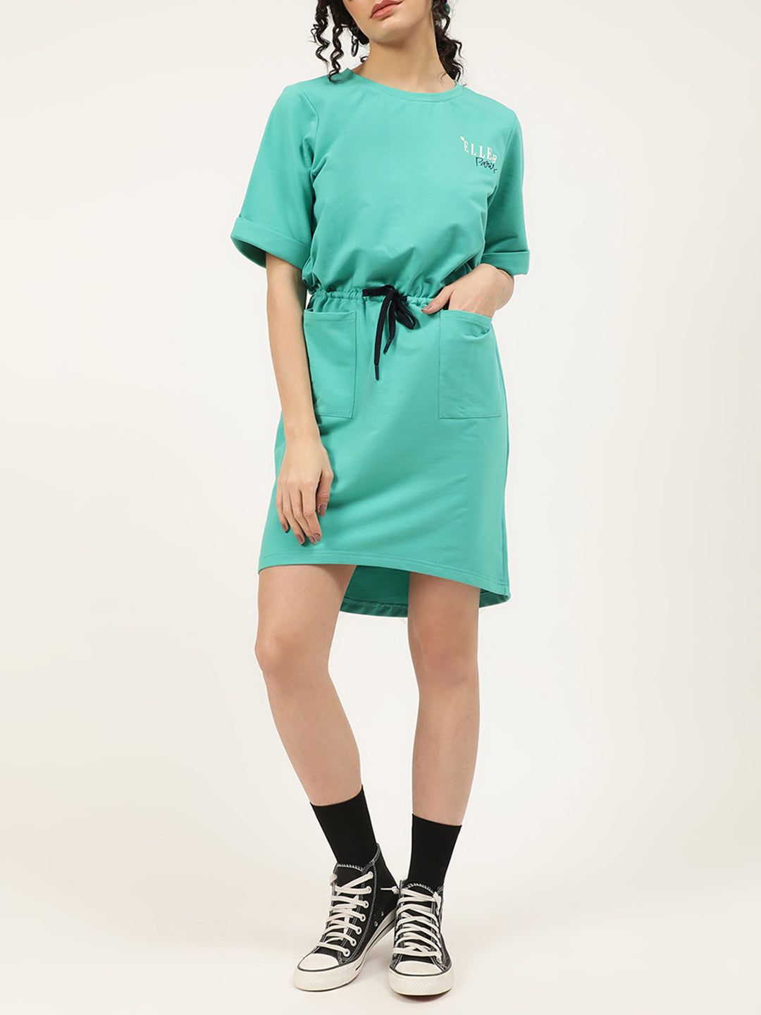 Elle Women Teal Solid Round Neck Dress