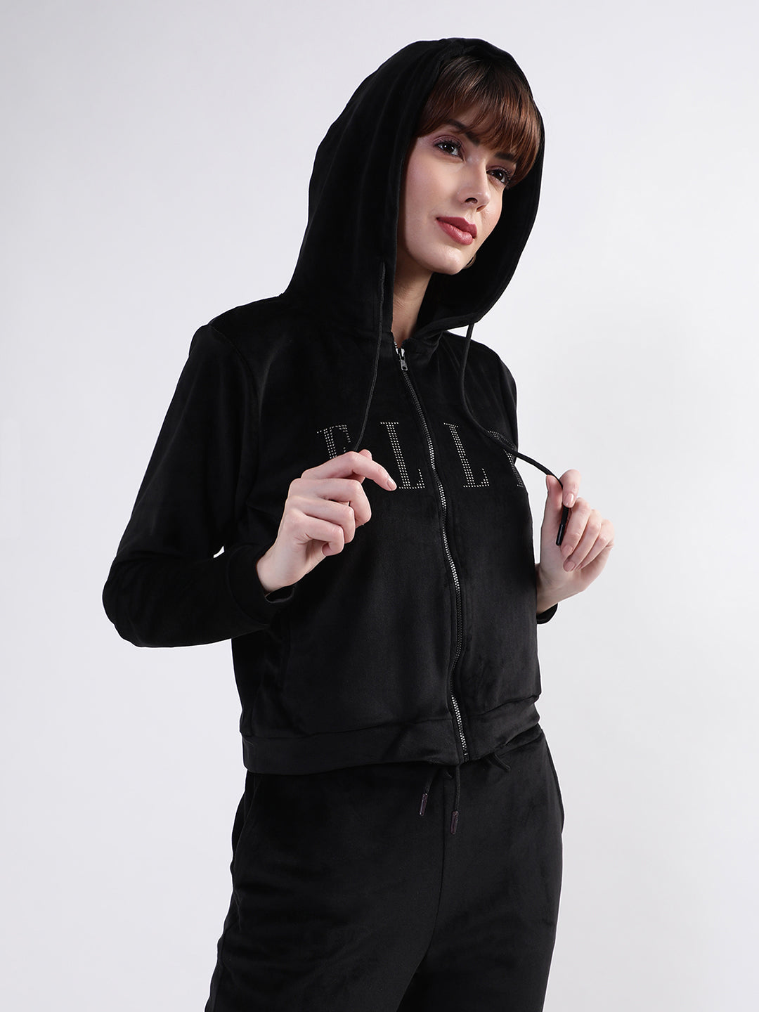 Elle Women Black Solid Round Neck Sweatshirt