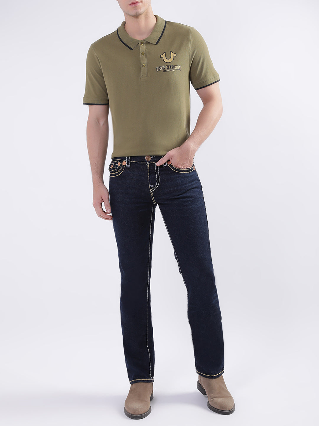 True Religion Olive Fashion Logo Regular Fit Polo T-Shirt