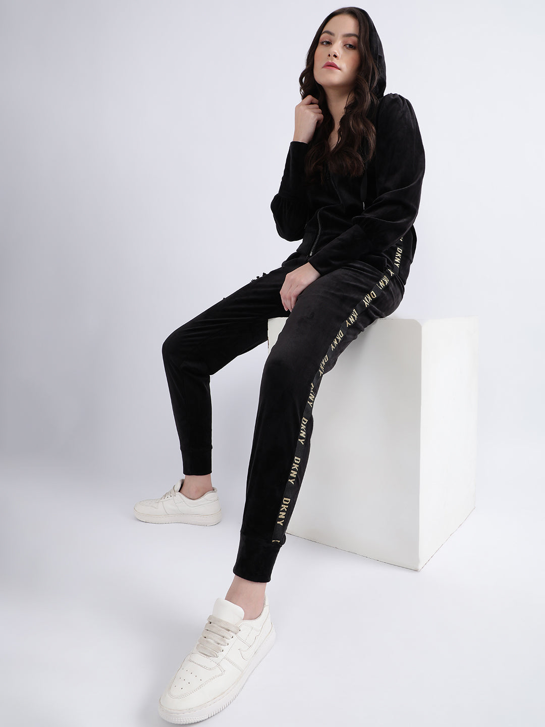 DKNY Women Black Solid Hooded Sweatshirt