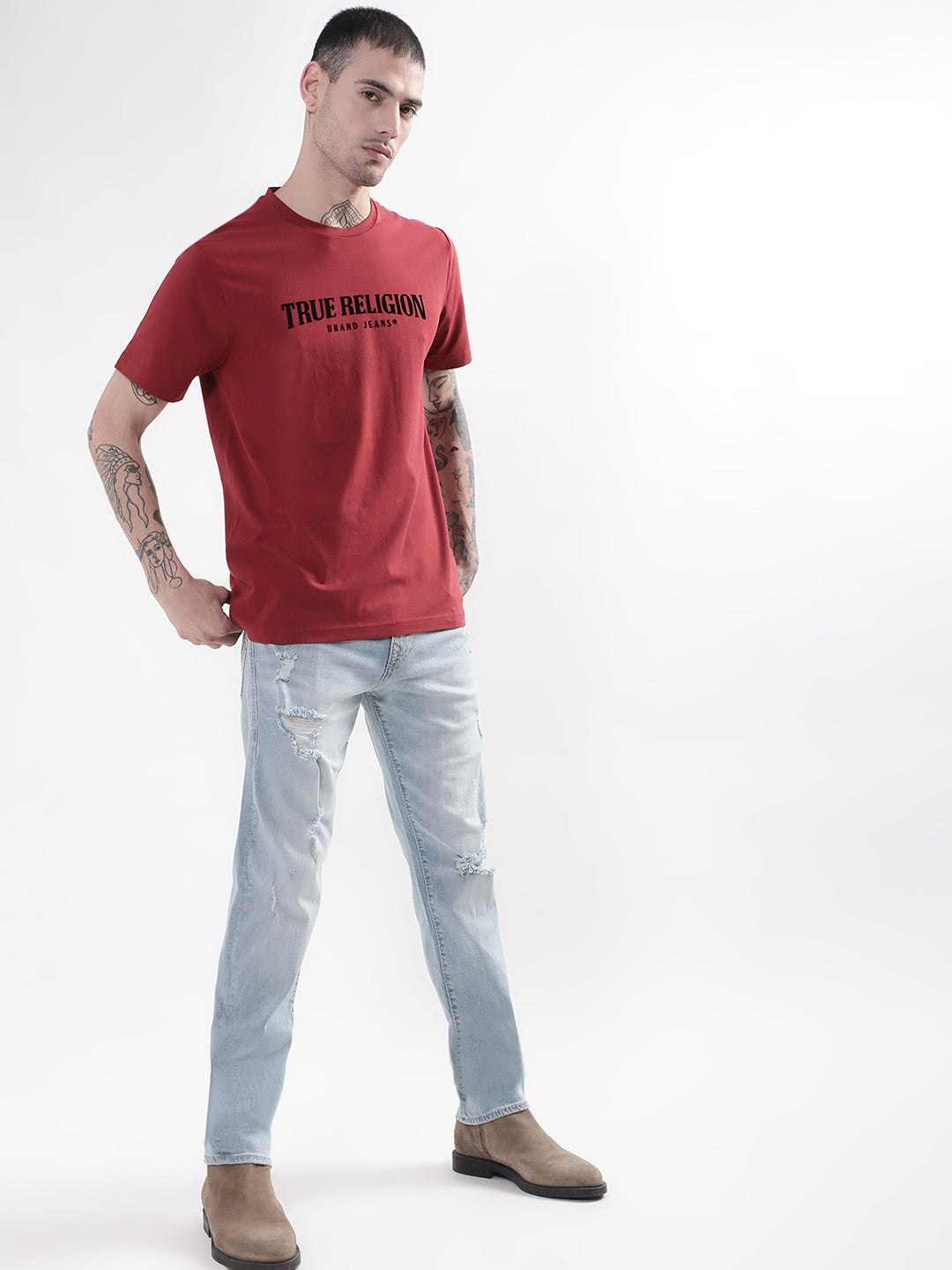 True Religion Wine Typographic Logo Regular Fit T-Shirt