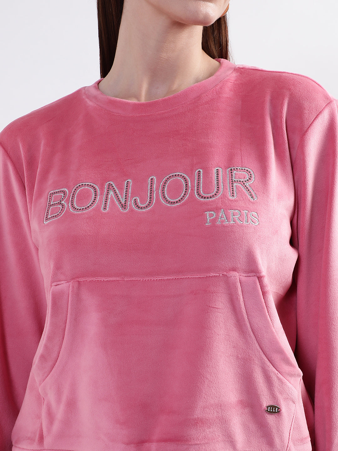 Elle Women Pink Solid Round Neck Sweatshirt