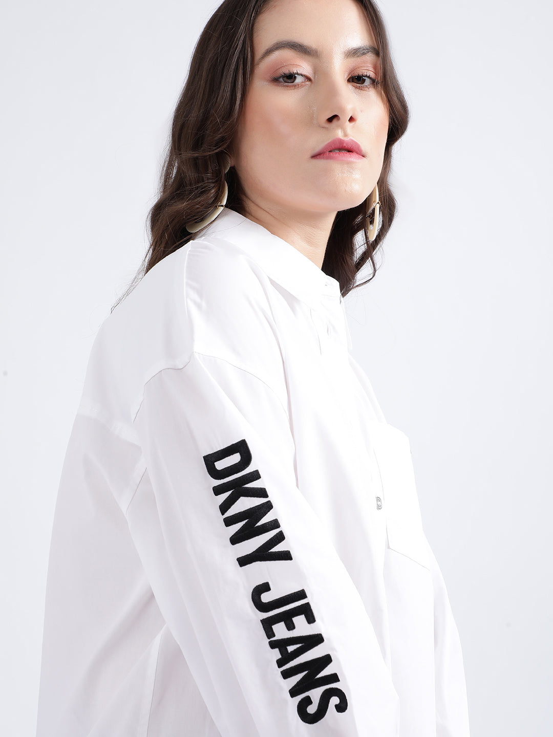 DKNY Women White Solid Collar Shirt