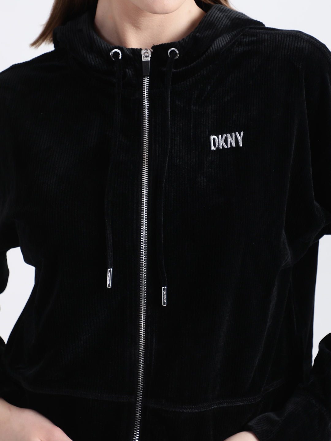 DKNY Women Black Solid Hooded Sweatshirt