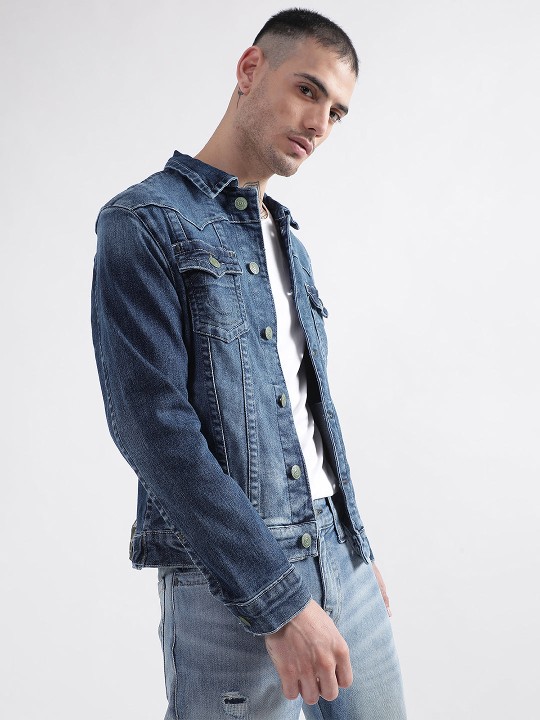 True Religion Men Blue Washed Collar Jacket