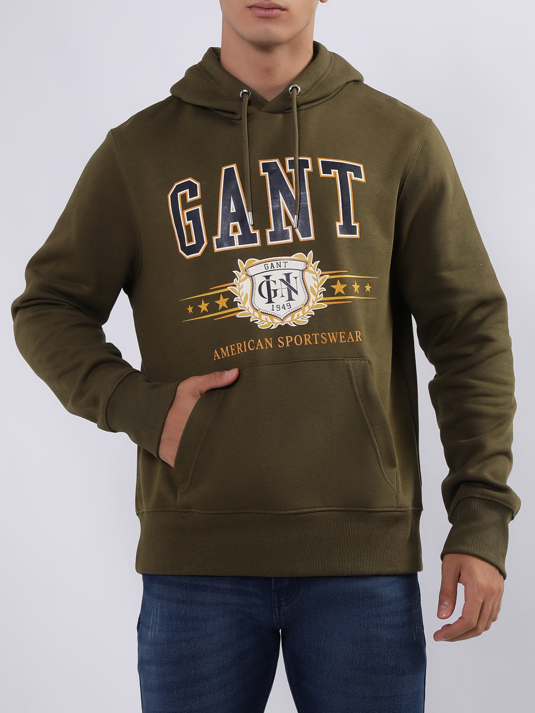 Shop Gant Men Green Printed Hooded Sweatshirt Online