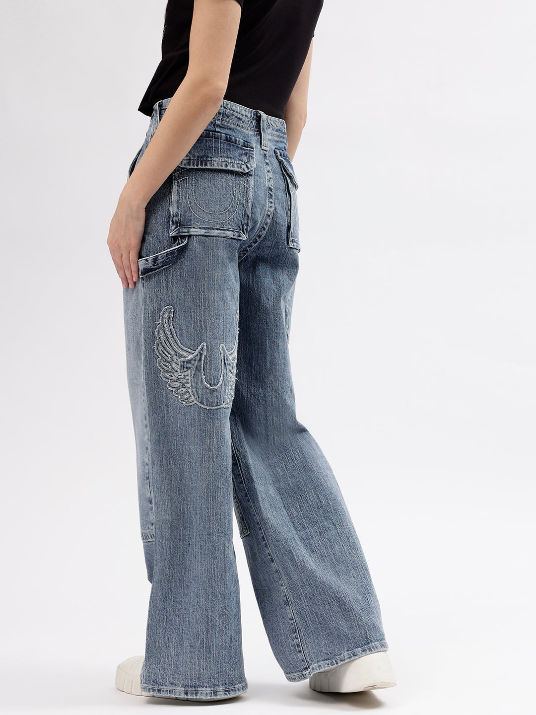 True Religion Women Blue Solid Fit and Flare Mid-Rise Jeans