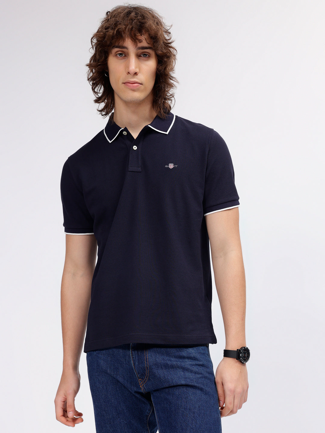 Shop Gant Men Navy Blue Solid Polo Collar Short Sleeves T-shirt