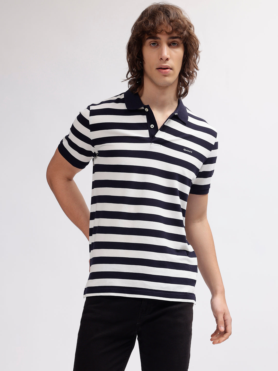 Gant Men Navy Blue Striped Polo Collar Regular fit Short Sleeves T-shirt