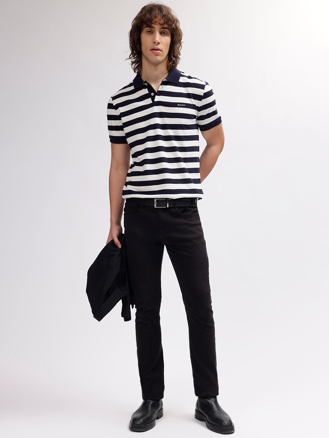 Gant Men Navy Blue Striped Polo Collar Regular fit Short Sleeves T-shirt