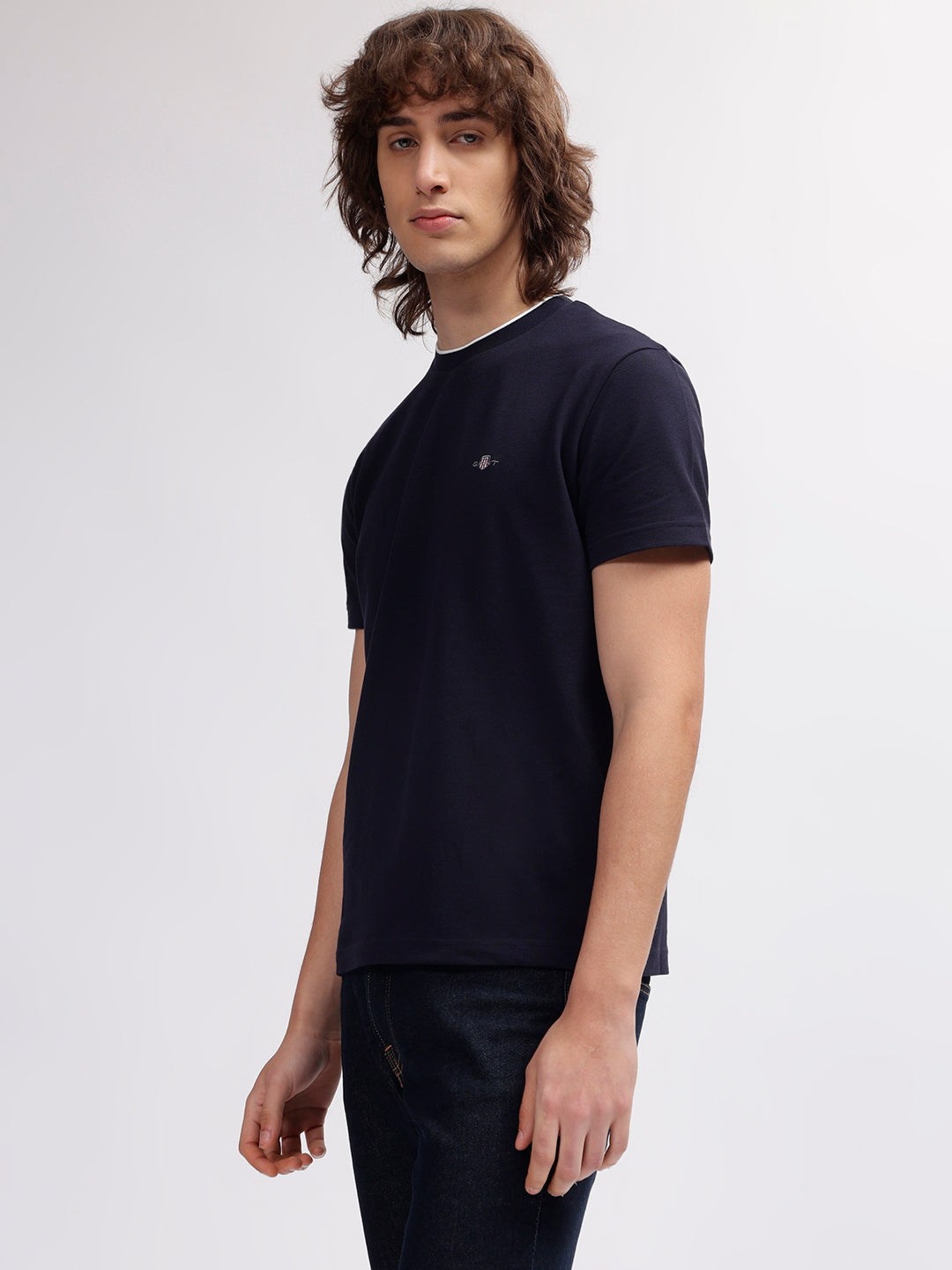Gant Men Navy Blue Solid Round Neck Short Sleeves T-shirt