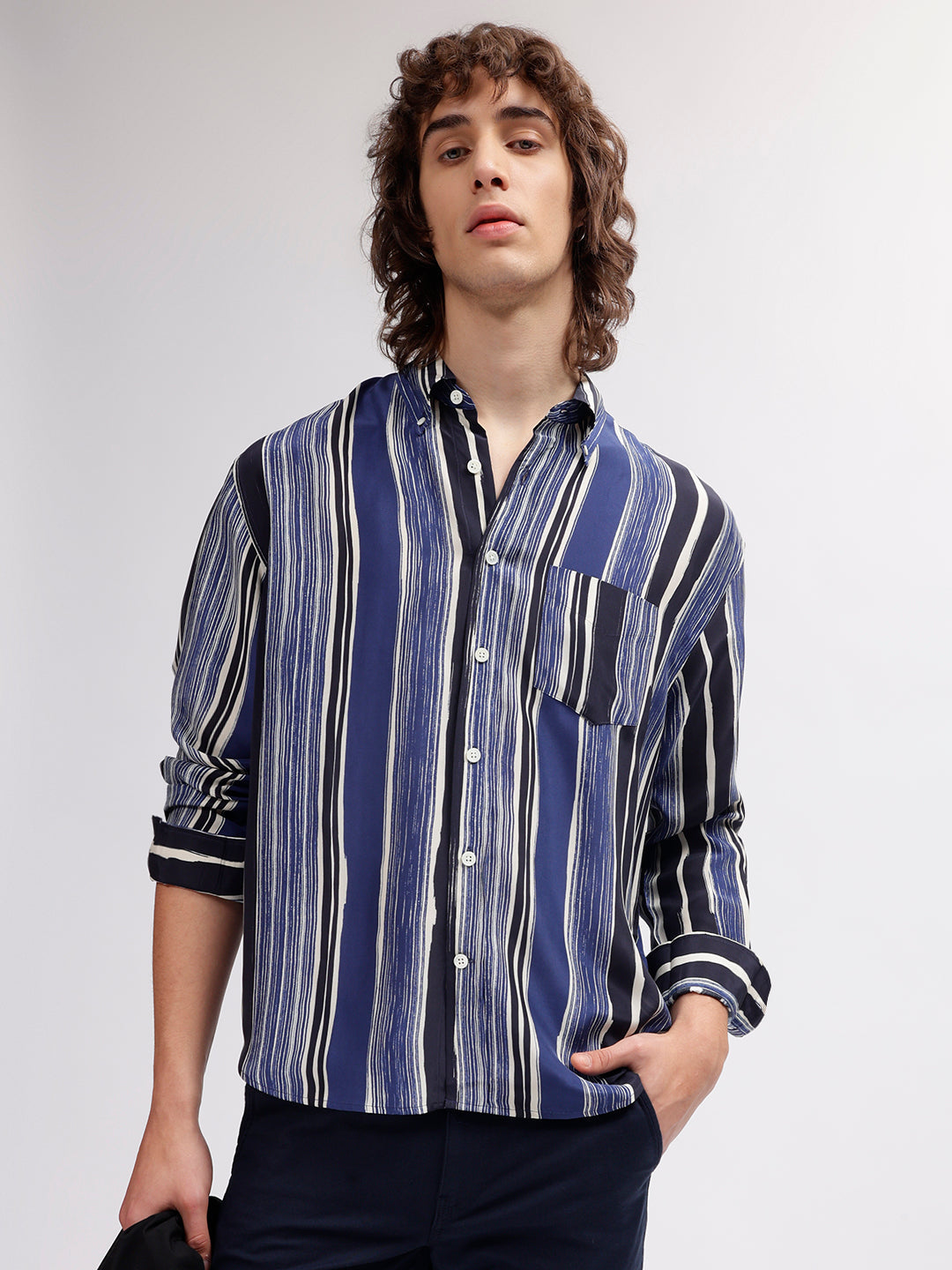 Shop Gant Men Blue Striped Button Down Collar Full Sleeves Shirt Online - Main Image