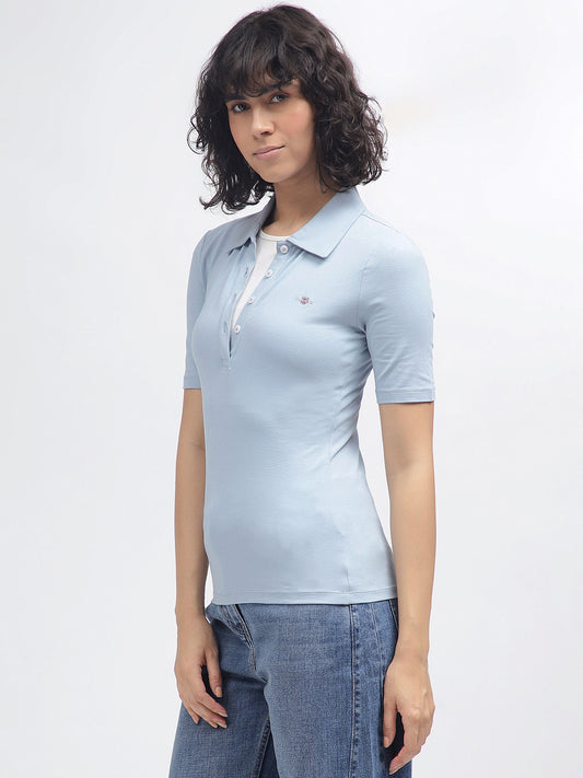 Gant Women Blue Solid Polo Collar Short Sleeves T-Shirt