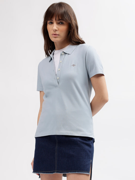 Gant Women Blue Solid Polo Collar Short Sleeves T-shirt