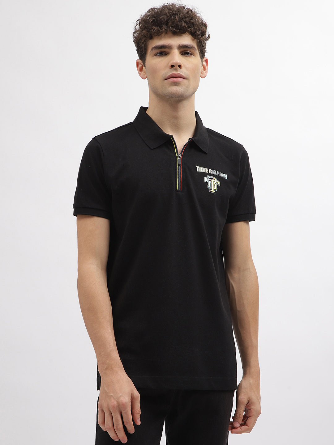 Shop True Religion Men Black Solid Polo Collar Short Sleeves T