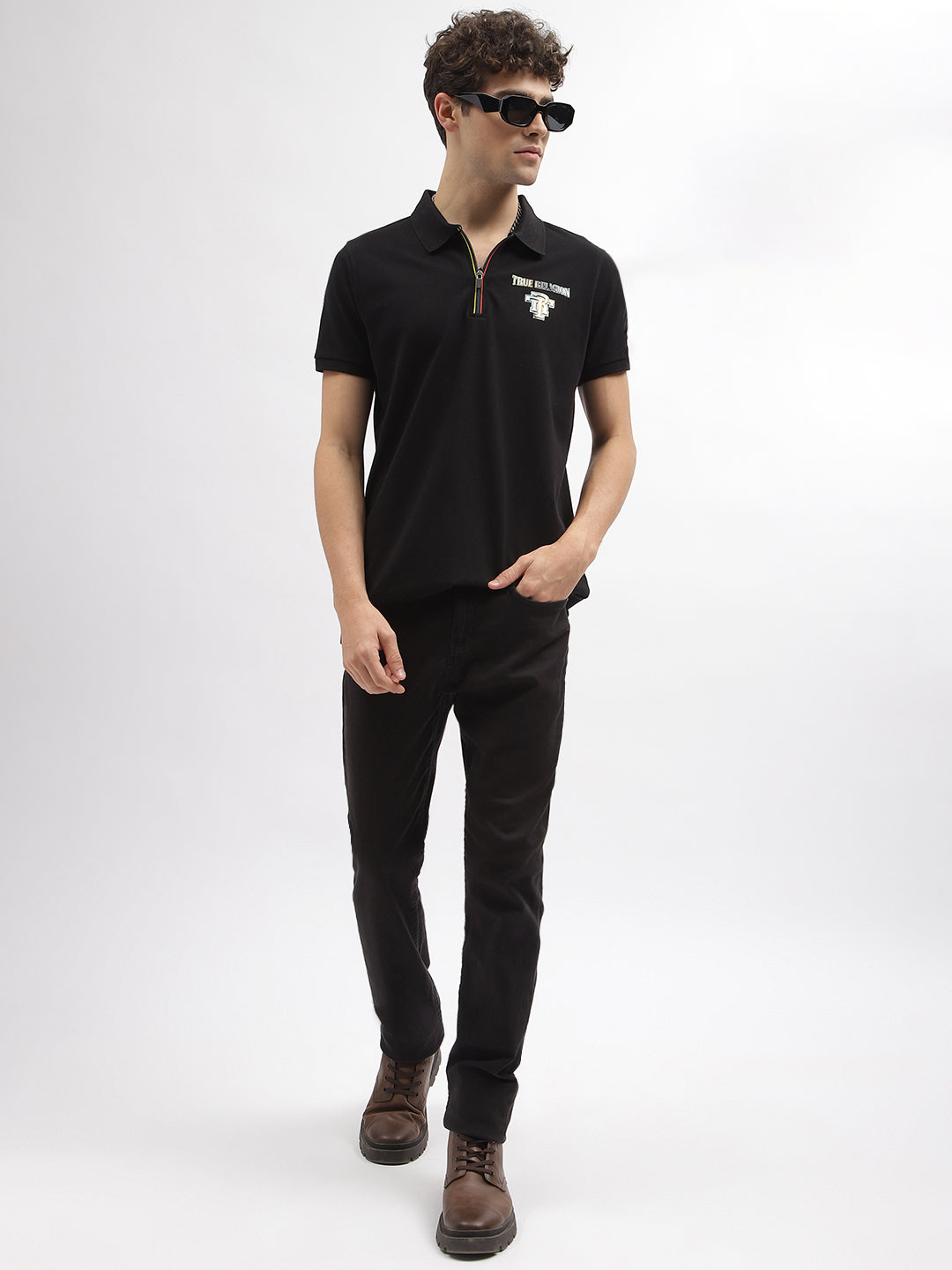 True Religion Men Black Solid Polo Collar Short Sleeves T-Shirt