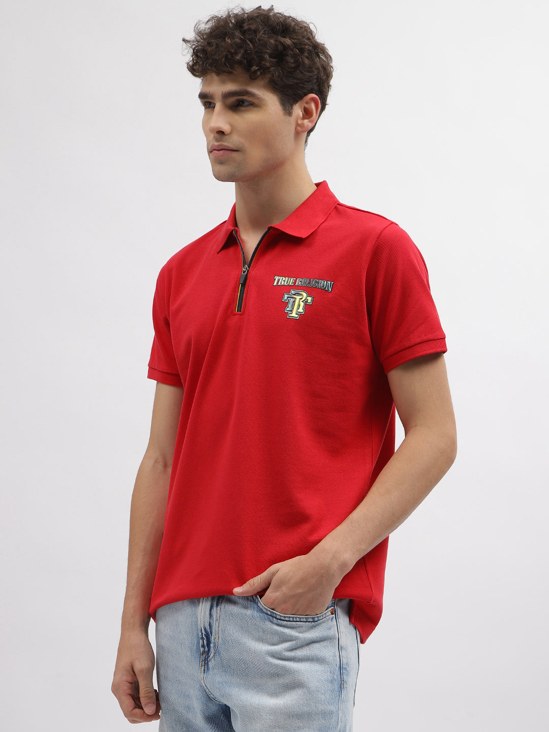 True Religion Men Red Solid Polo Collar Short Sleeves T-Shirt