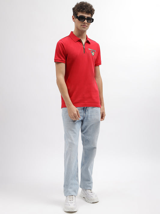 True Religion Men Red Solid Polo Collar Short Sleeves T-Shirt