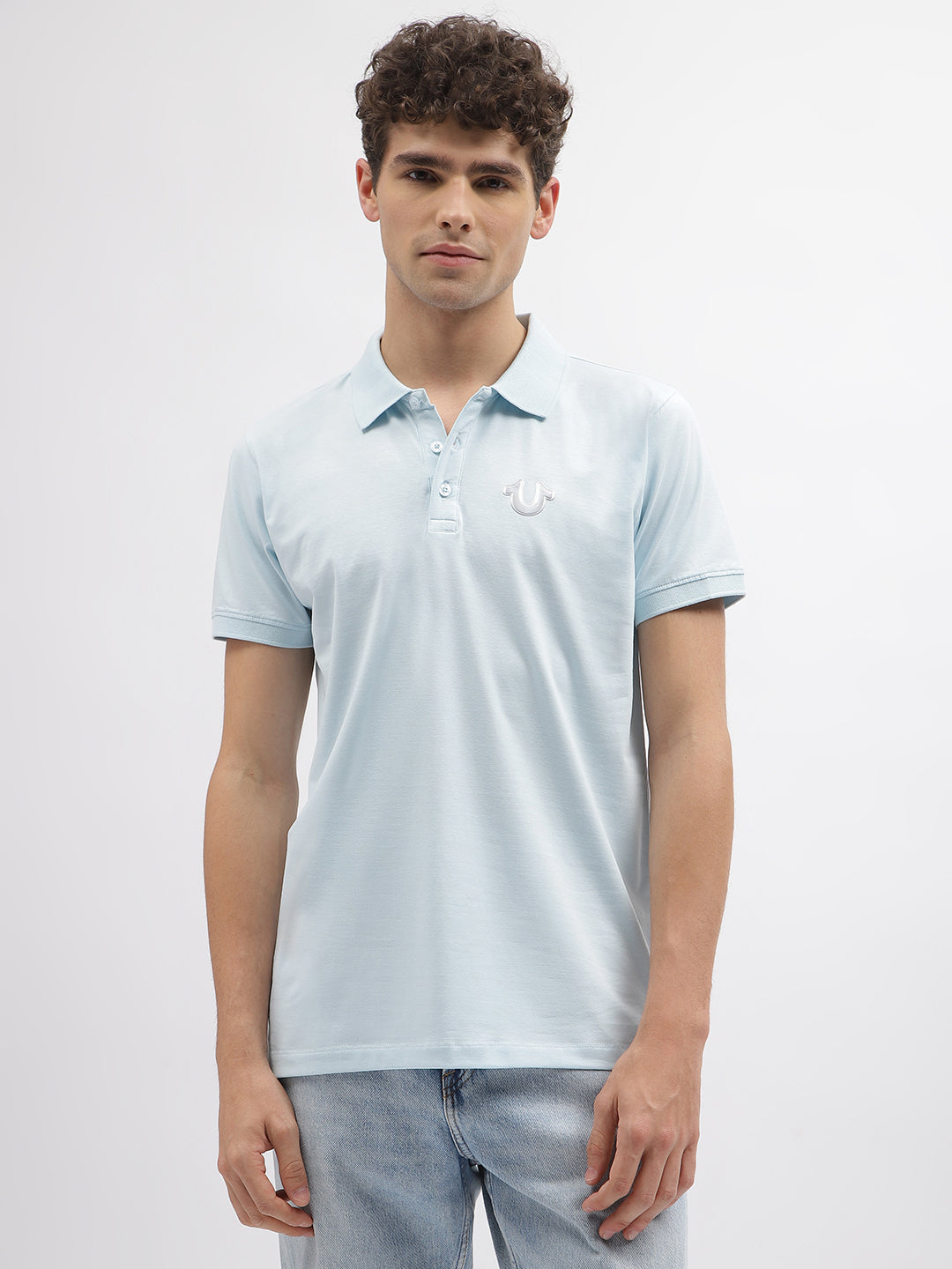 Shop True Religion Men Blue Solid Polo Collar Short Sleeves T-Shirt Online