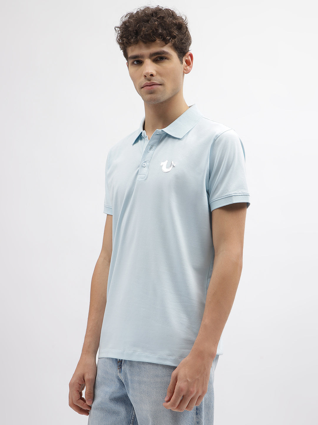 True Religion Men Blue Solid Polo Collar Short Sleeves T-Shirt