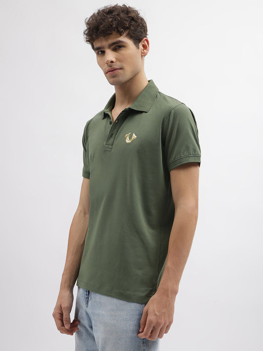 True Religion Men Green Solid Polo Collar Short Sleeves T-Shirt