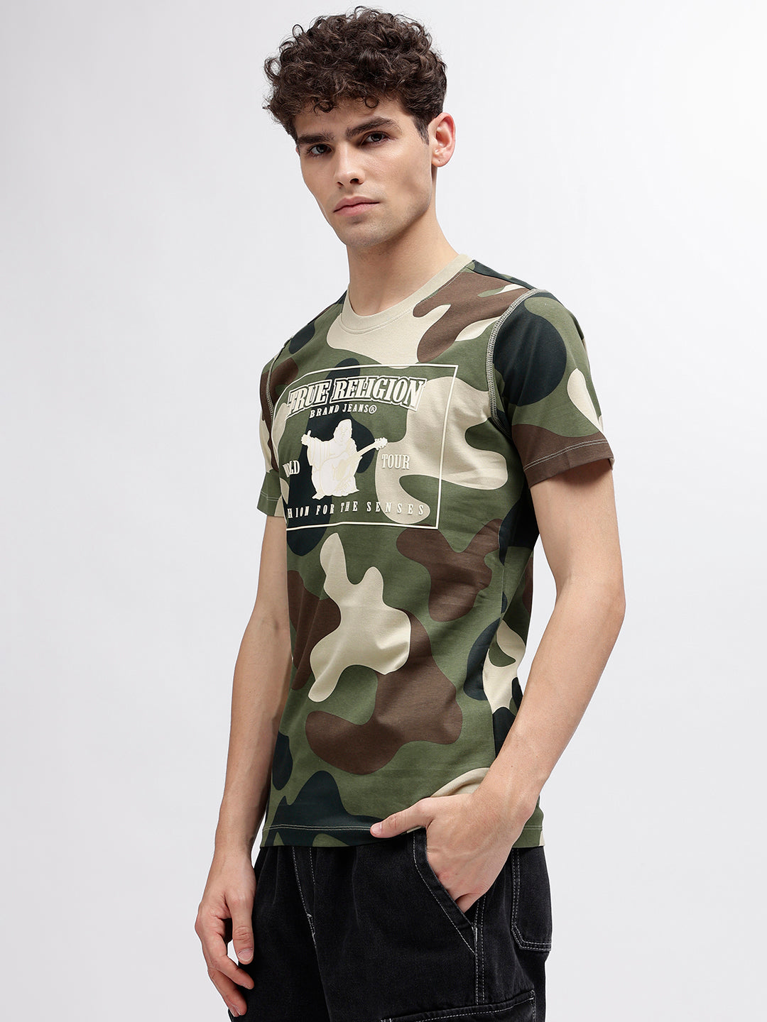 True Religion Men Green Printed Round Neck Short Sleeves T-Shirt