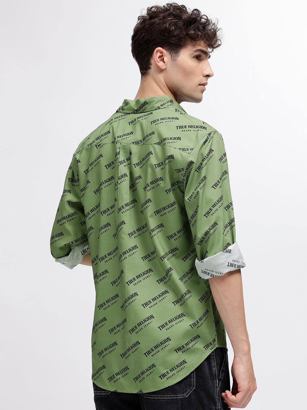 True Religion Men Green Printed Spread Collar Full Sleeves Shirt