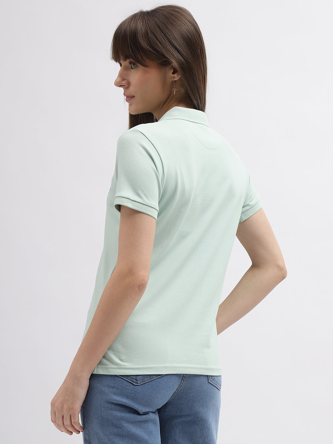 True Religion Women Green Solid Polo Collar Short Sleeves T-Shirt
